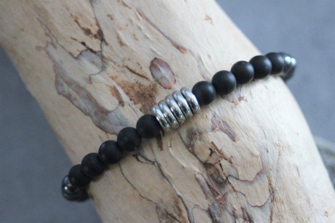 Bracelet perles onyx mat, hématite et acier inoxydable