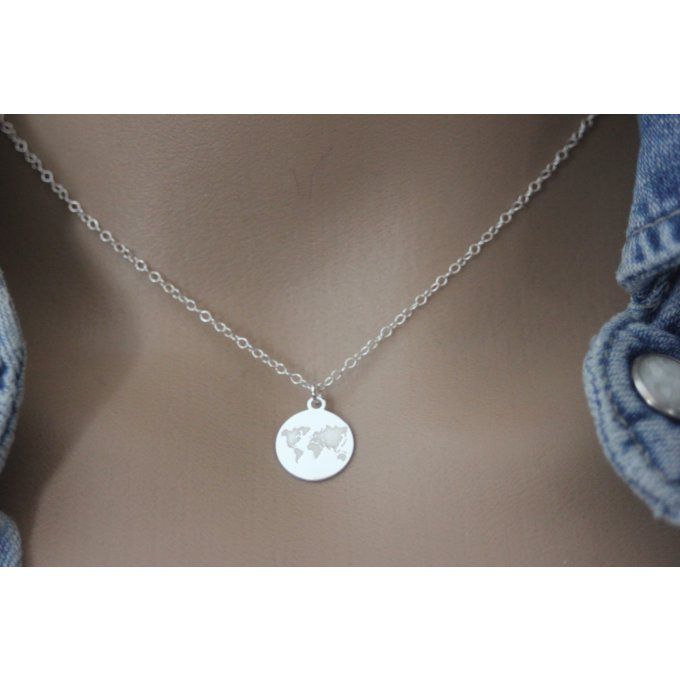 Collier argent massif 925 pendentif carte du monde en relief