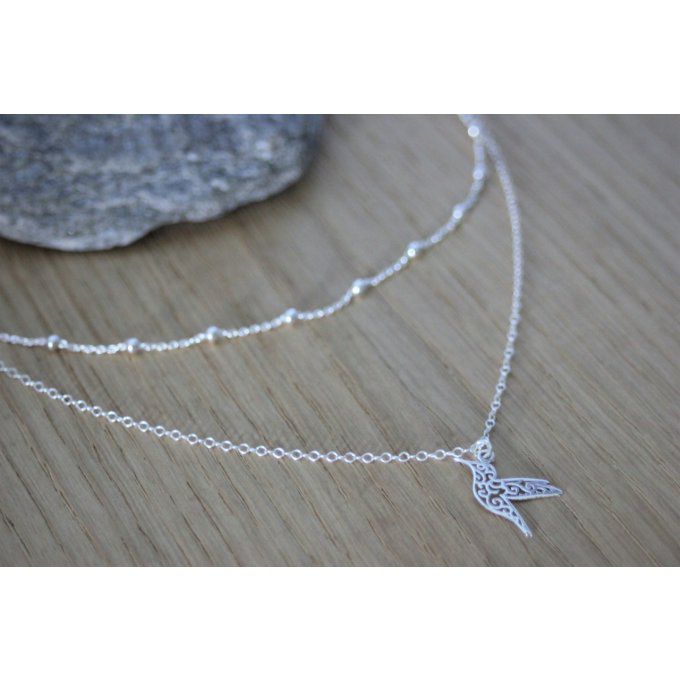 Collier argent massif double chaine et pendentif colibri