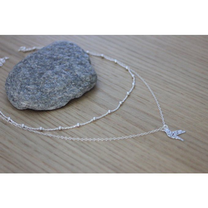 Collier argent massif double chaine et pendentif colibri