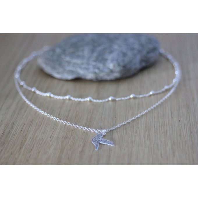 Collier argent massif double chaine et pendentif colibri