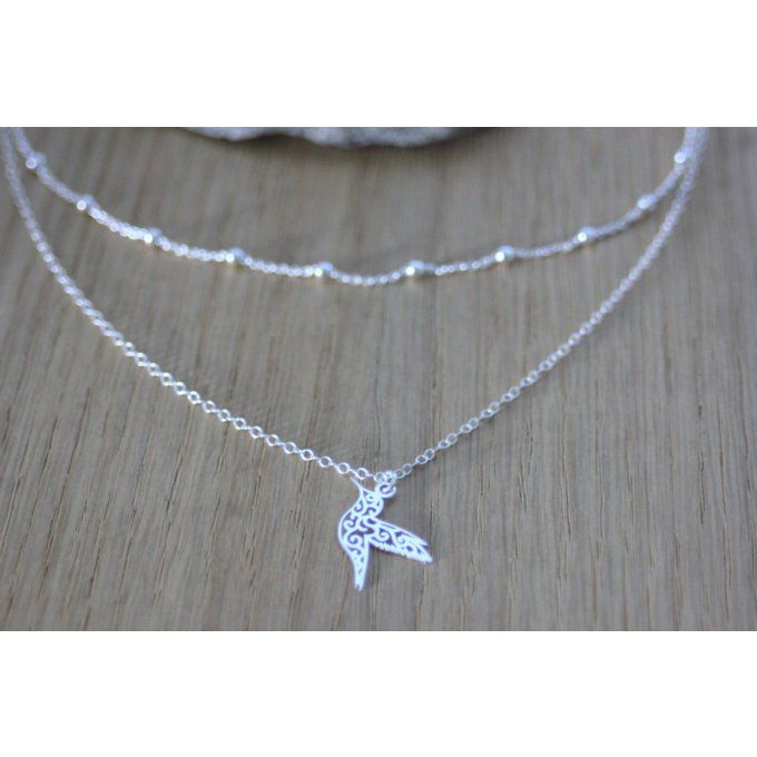 Collier argent massif double chaine et pendentif colibri