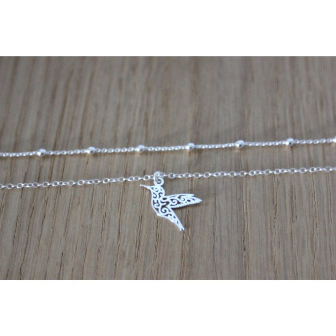 Collier argent massif double chaine et pendentif colibri