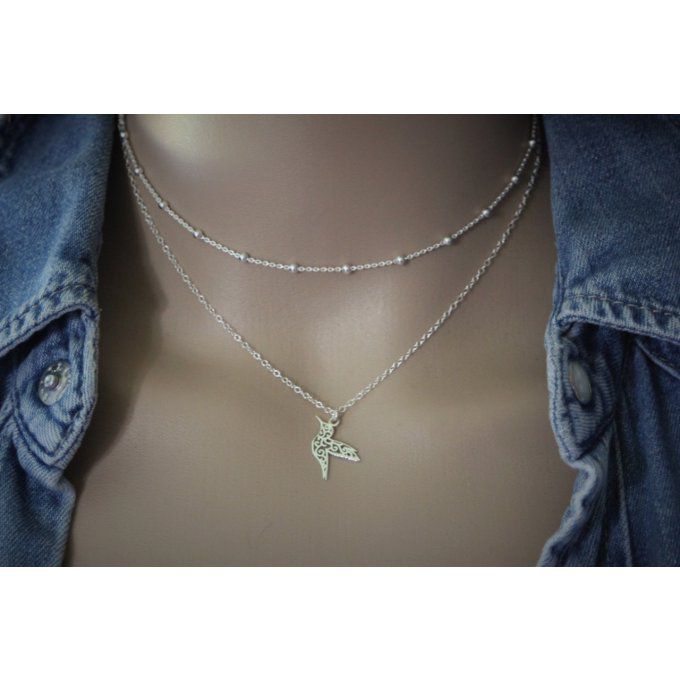 Collier argent massif double chaine et pendentif colibri