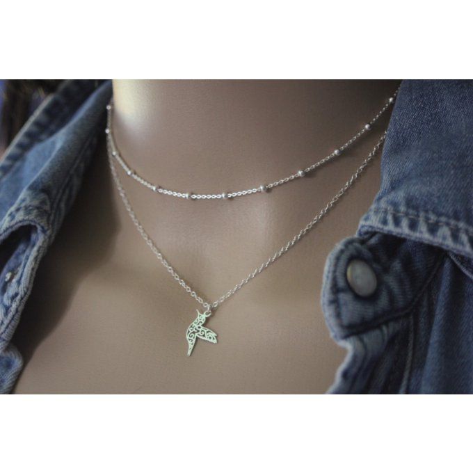 Collier argent massif double chaine et pendentif colibri