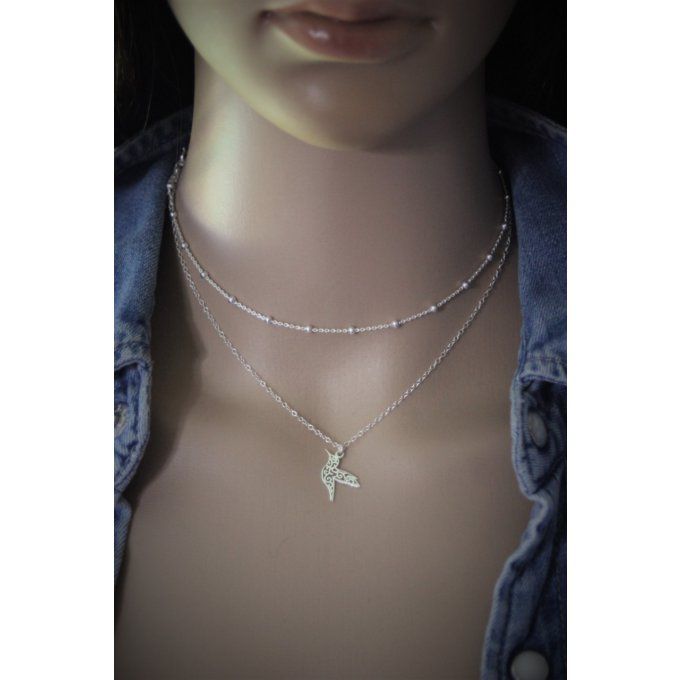 Collier argent massif double chaine et pendentif colibri