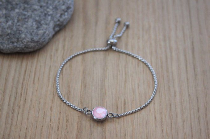 Bracelet acier cabochon rond en verre rose fermoir perle stoppeur