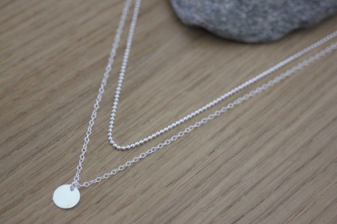 Collier multi-rangs en argent massif double chaine et pendentif médaille ronde à graver