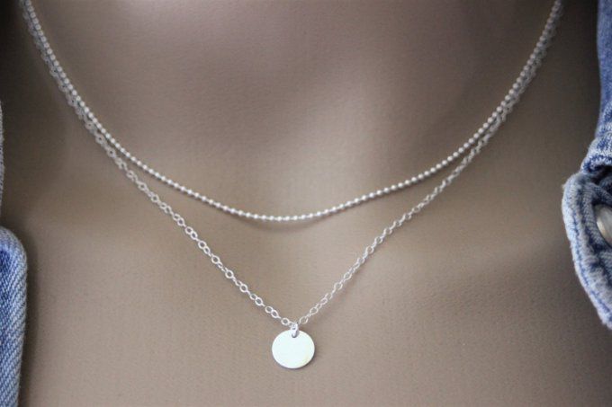 Collier en argent massif double chaine et pendentif médaille