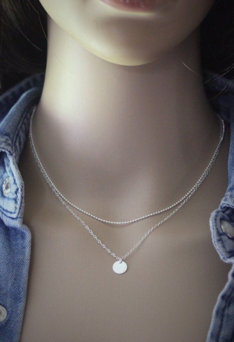 Collier multi-rangs en argent massif double chaine et pendentif médaille ronde à graver