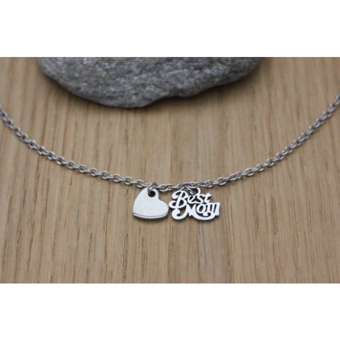 Collier acier breloques Best Mom et coeur 