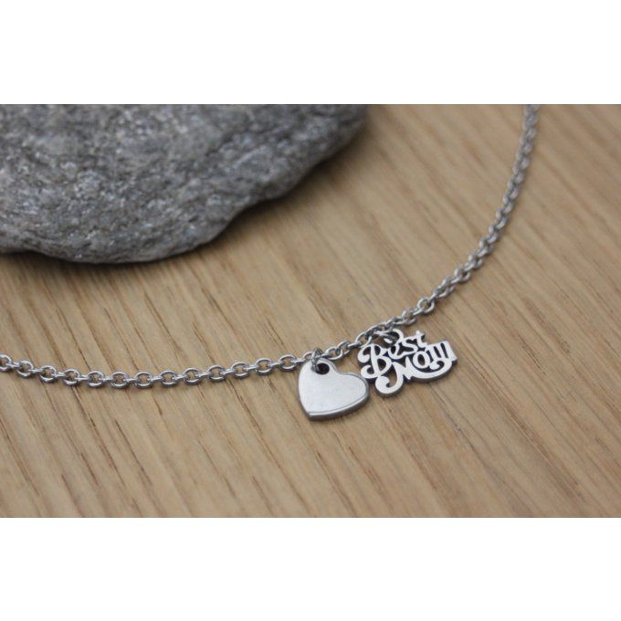 Collier acier breloques Best Mom et coeur 