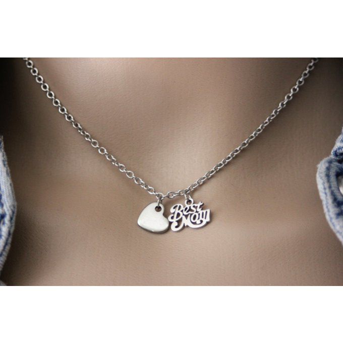 Collier acier breloques Best Mom et coeur 