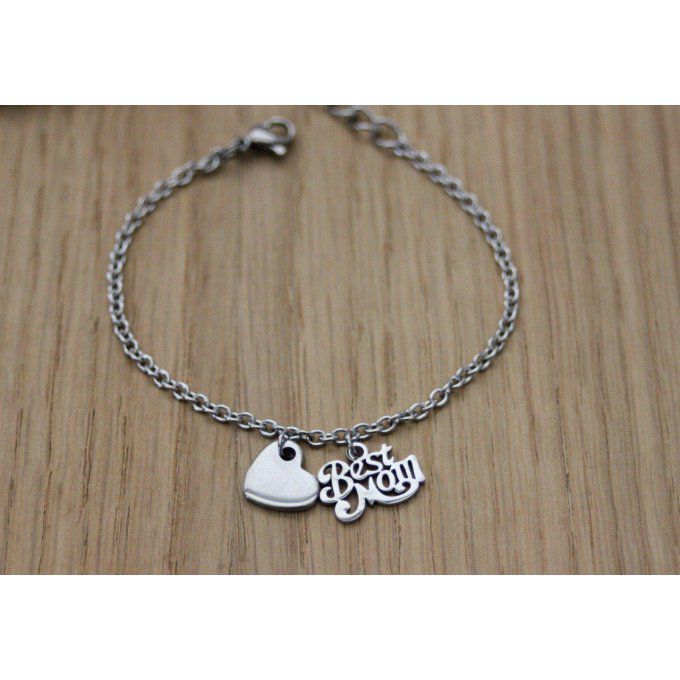 Bracelet acier breloques Best Mom et coeur 