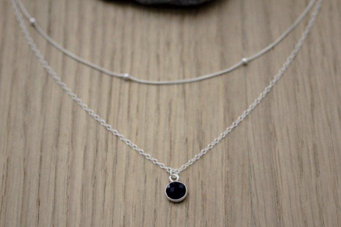 Collier argent massif double chaine et pendentif spinelle noire