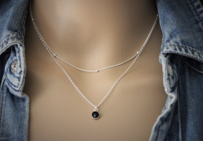 Collier argent massif double chaine et pendentif spinelle noire