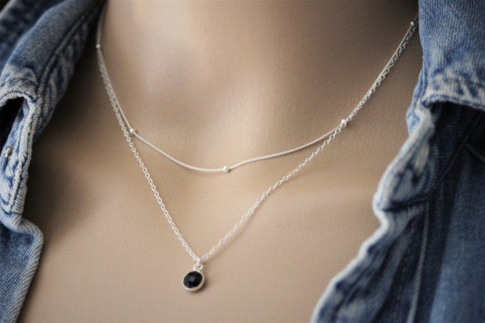 Collier argent massif double chaine et pendentif spinelle noire