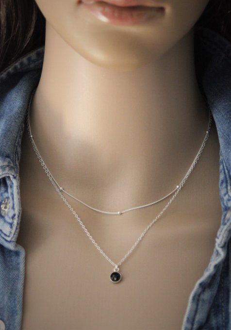 Collier argent massif double chaine et pendentif spinelle noire