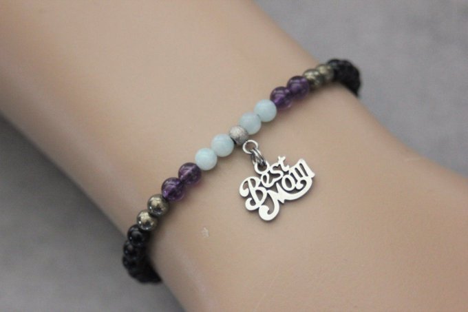 Bracelet perles onyx, améthyste, amazonite, pyrite et breloque Best Mom en acier