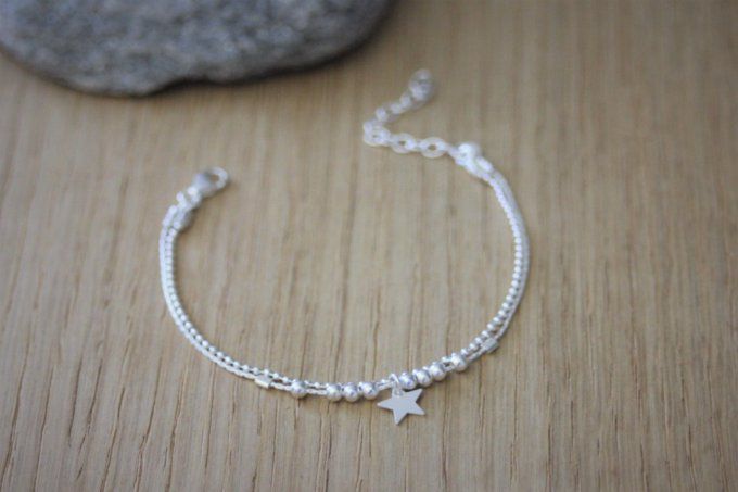 Bracelet double chaine avec perles argent et médaille étoile