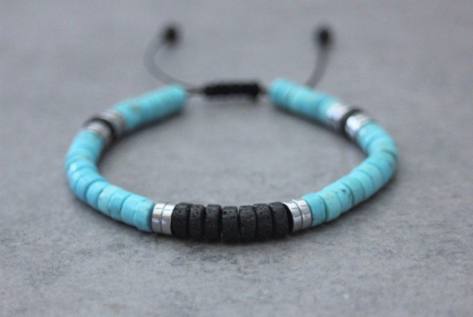Bracelet perles heishi en turquenite, pierre de lave et hématite argenté