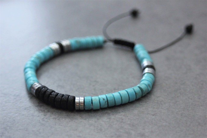 Bracelet perles heishi en turquenite, pierre de lave et hématite argenté