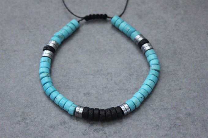 Bracelet perles heishi en turquenite, pierre de lave et hématite argenté