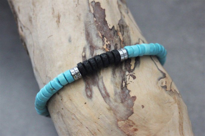 Bracelet perles heishi en turquenite, pierre de lave et hématite argenté