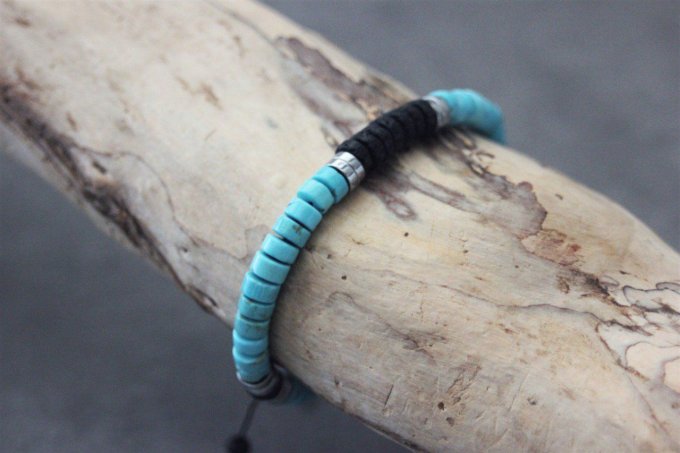 Bracelet perles heishi en turquenite, pierre de lave et hématite argenté