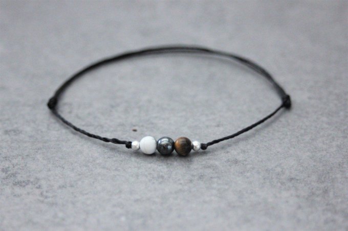 Bracelet cordon 3 perles, howlite blanche, hématite, oeil de tigre et argent massif