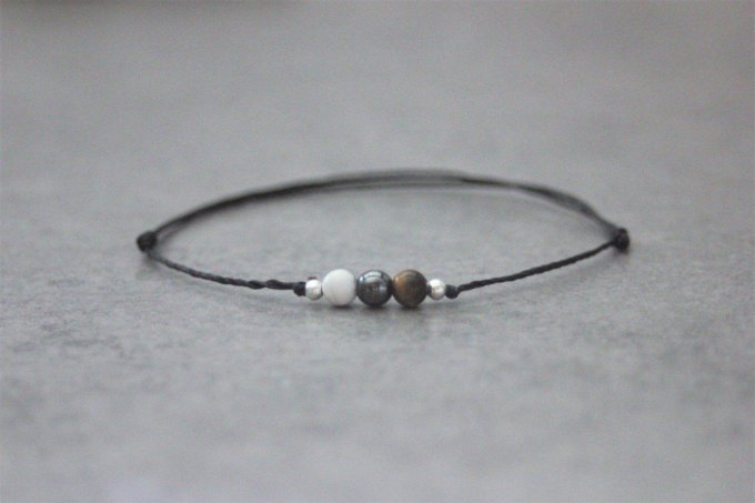 Bracelet cordon 3 perles, howlite blanche, hématite, oeil de tigre et argent massif