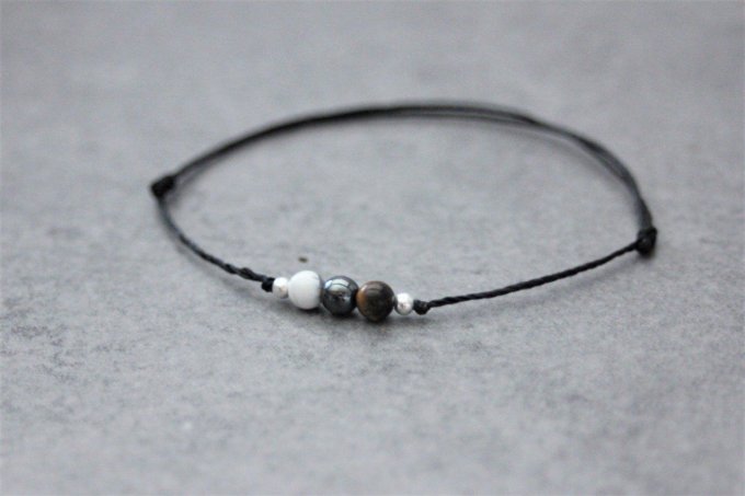 Bracelet cordon 3 perles, howlite blanche, hématite, oeil de tigre et argent massif