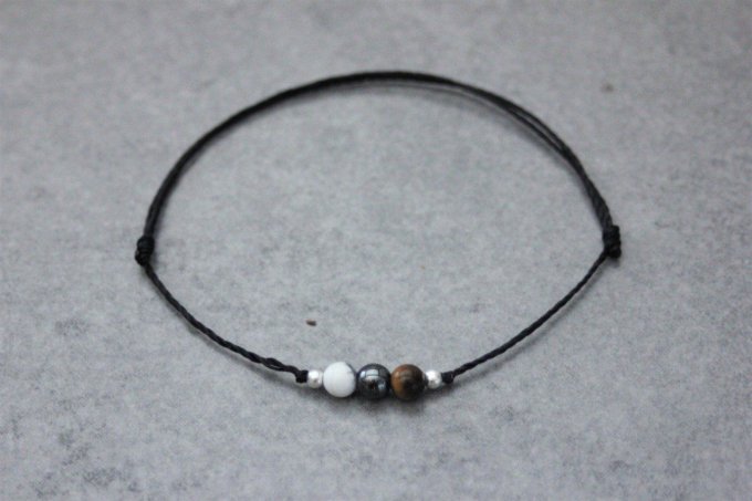 Bracelet cordon 3 perles, howlite blanche, hématite, oeil de tigre et argent massif