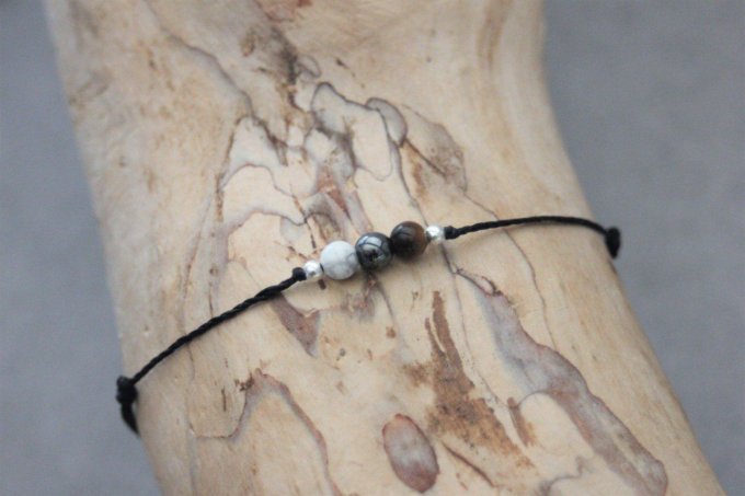 Bracelet cordon 3 perles, howlite blanche, hématite, oeil de tigre et argent massif