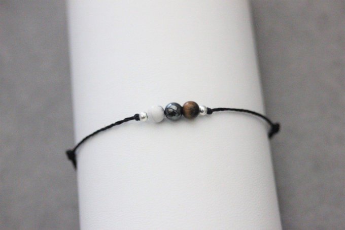 Bracelet cordon 3 perles, howlite blanche, hématite, oeil de tigre et argent massif