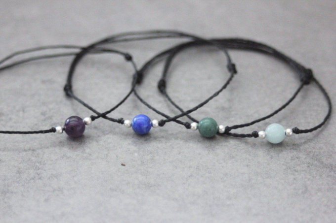 Bracelet cordon perle en pierre naturelle au choix et perles argent massif