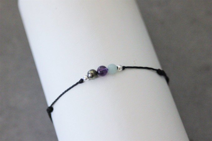 Bracelet cordon 3 perles, pyrite, améthyste et amazonite et perles argent massif
