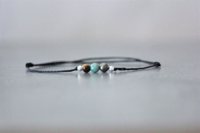 Bracelet cordon 3 perles, pyrite, australian dragon blood jade, oeil de tigre & argent massif