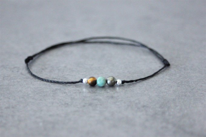 Bracelet cordon 3 perles, pyrite, australian dragon blood jade, oeil de tigre & argent massif