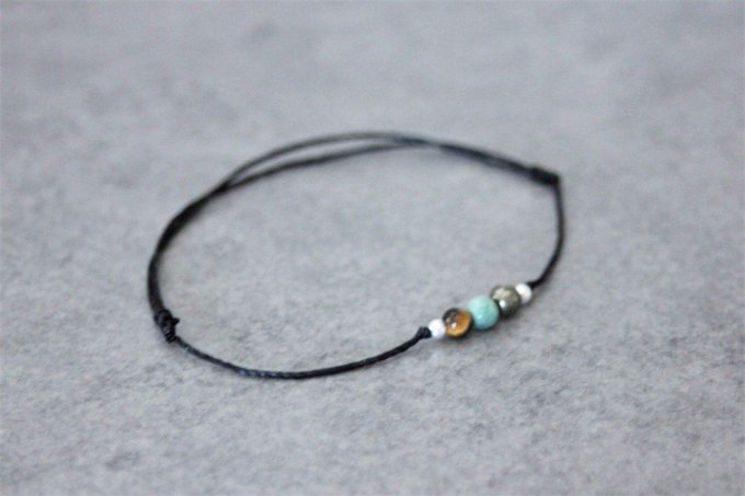 Bracelet cordon 3 perles, pyrite, australian dragon blood jade, oeil de tigre & argent massif