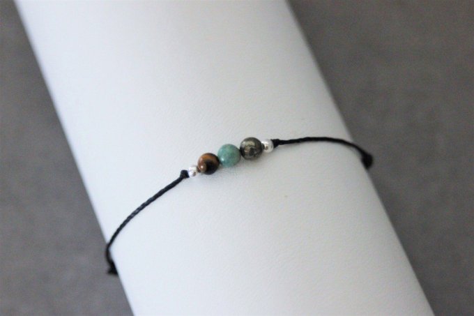Bracelet cordon 3 perles, pyrite, australian dragon blood jade, oeil de tigre & argent massif