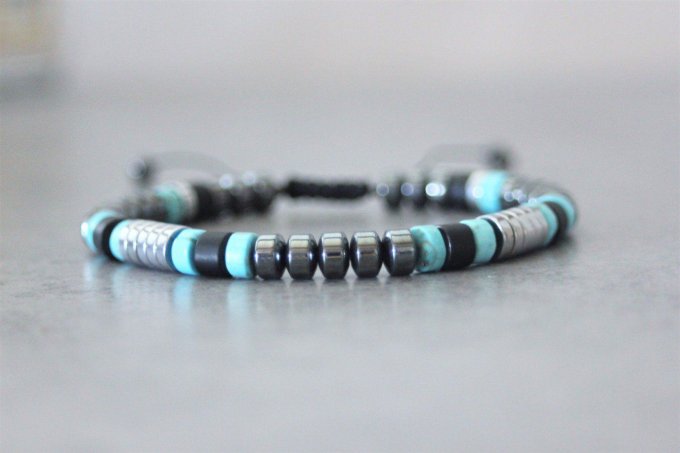 Bracelet perles heishi en turquenite, onyx mat, hématite et hématite argenté