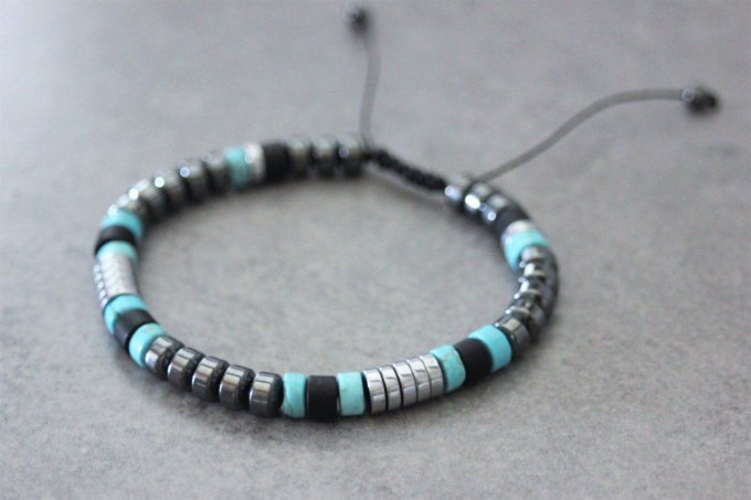 Bracelet perles heishi en turquenite, onyx mat, hématite et hématite argenté
