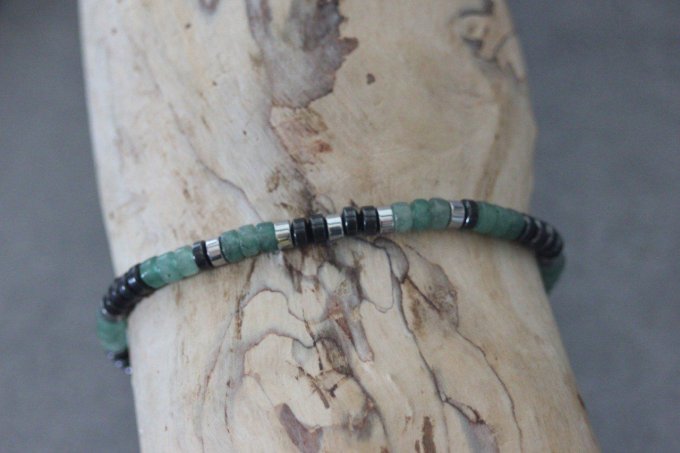 Bracelet perles heishi en aventurine émeraude, hématite et hématite argentée