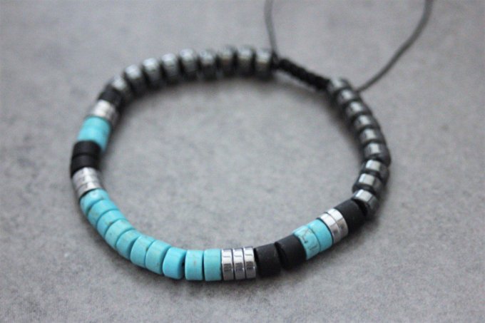 Bracelet perles heishi en turquenite, onyx mat et hématite