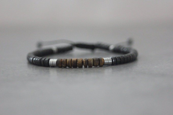 Bracelet perles heishi en oeil de tigre, hématite et hématite argenté