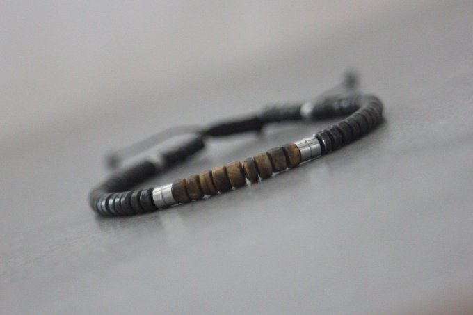 Bracelet perles heishi en oeil de tigre, hématite et hématite argenté