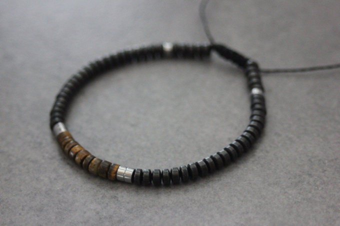 Bracelet perles heishi en oeil de tigre, hématite et hématite argenté