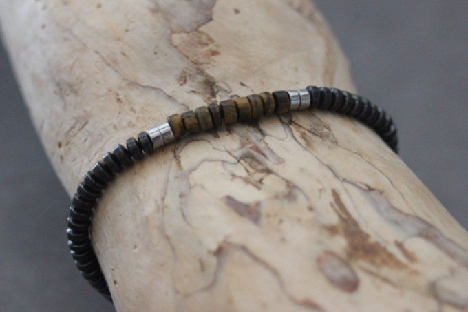 Bracelet perles heishi en oeil de tigre, hématite et hématite argenté