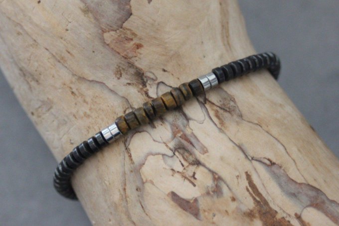 Bracelet perles heishi en oeil de tigre, hématite et hématite argenté